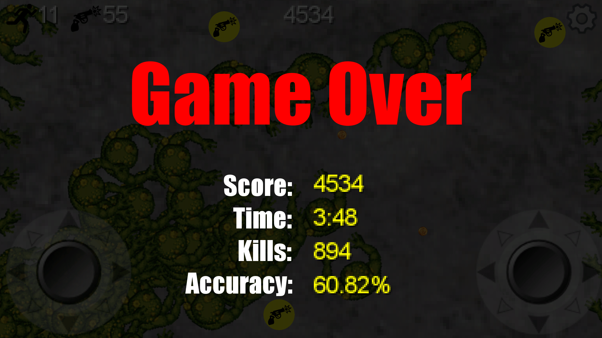 One Life to Survive - game over screen showing score, time played, kills, and shooting accuracy